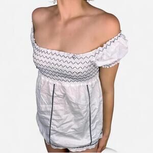 White blue off the shoulder top boho smocked runched bust details from CrashOne